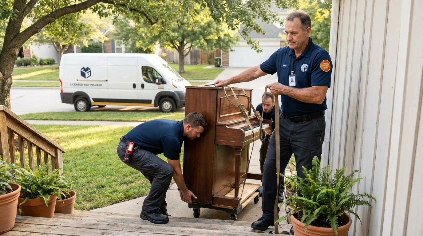 Licensed piano movers securing grand piano in Portsmouth, NH