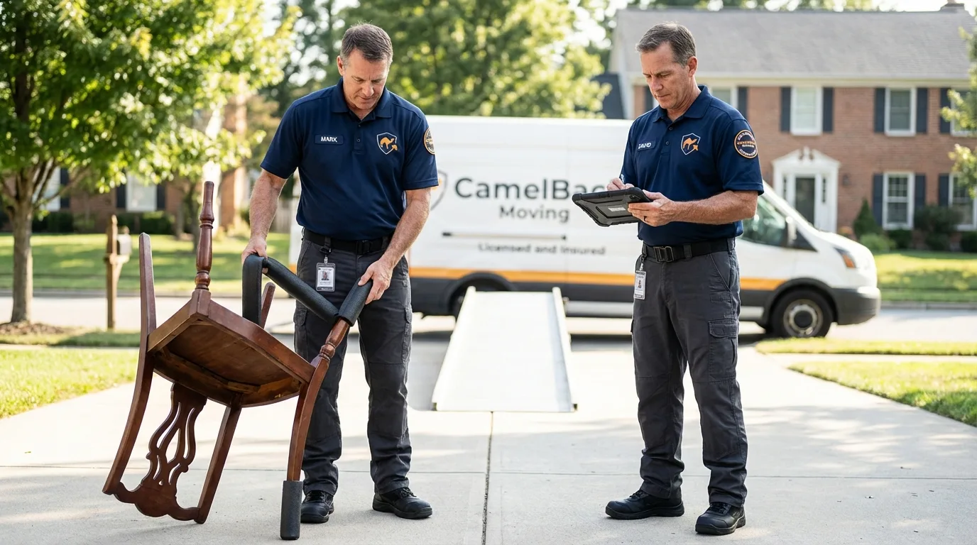 Movers inspecting furniture for damage prevention before loading in Portsmouth, NH