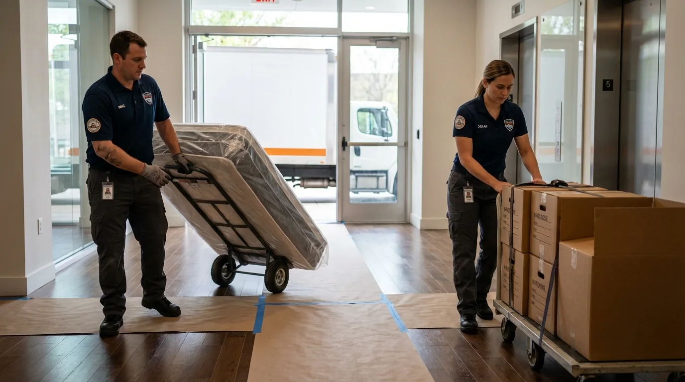 Professional apartment movers loading elevator in Portsmouth, NH
