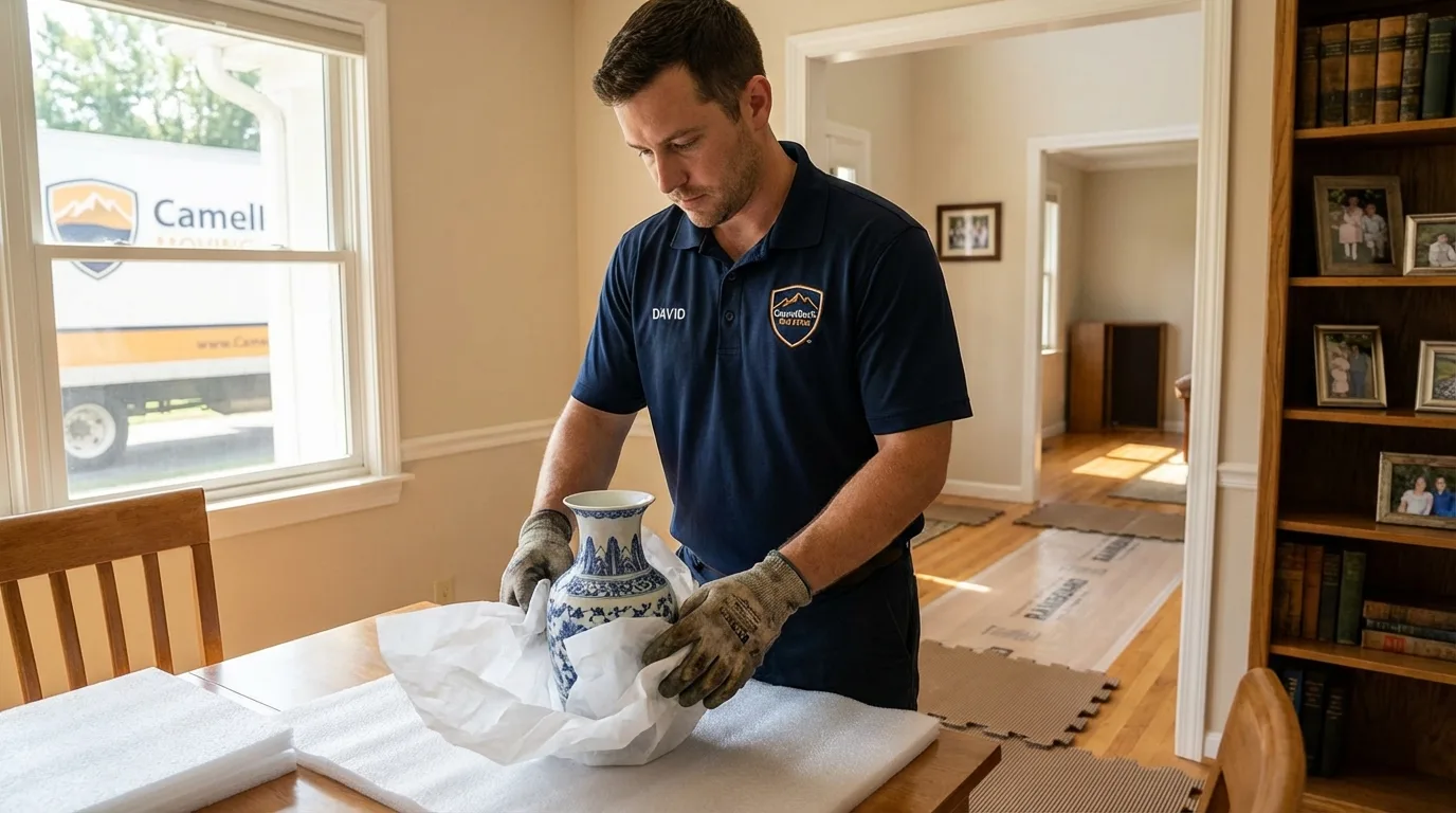 Professional crew carefully wrapping antique vase for senior downsizing move in Portsmouth, NH